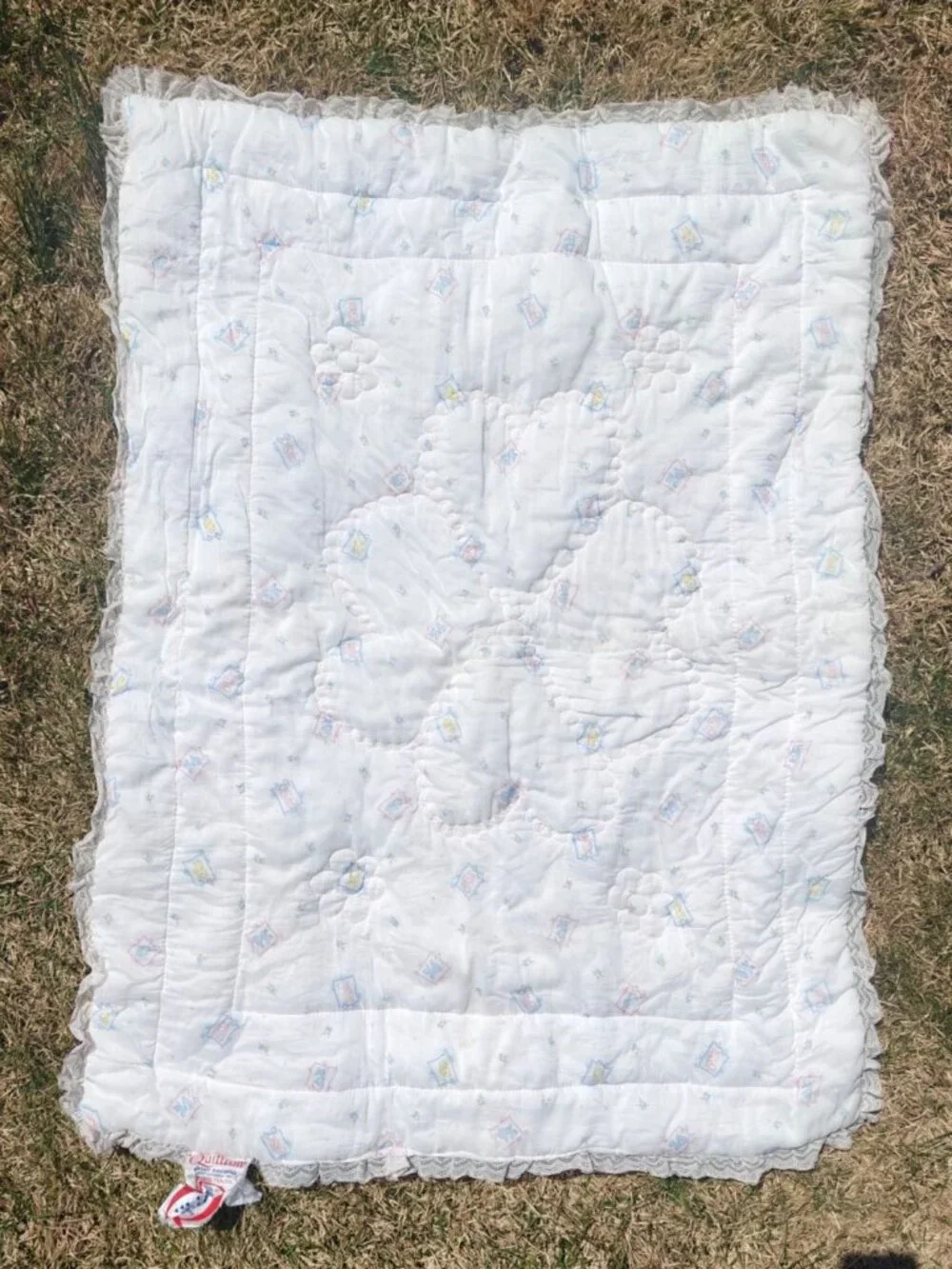 Vintage Baby Quilt Blanket Fabric & Lace 1980s Pastel Farm Animals Quiltron